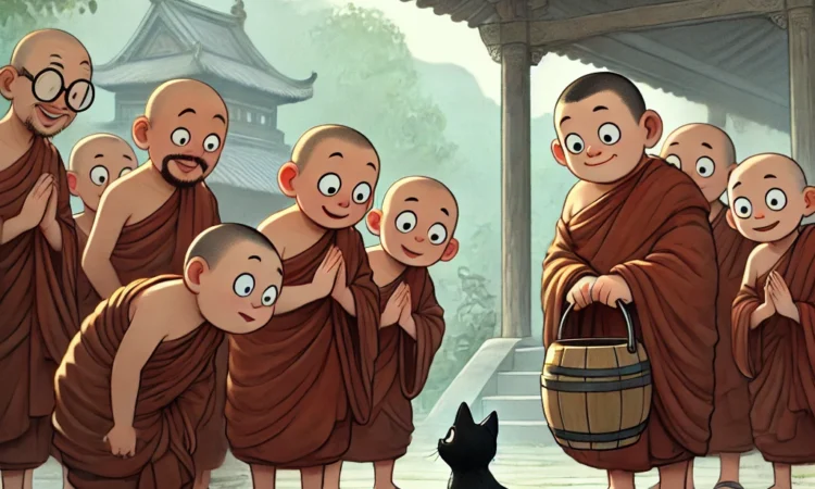 Buddhist monks gathered around a cat, possibly deciding whether to put it in a bucket.
