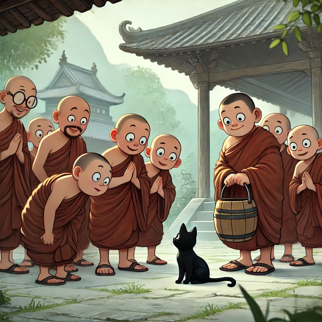 Buddhist monks gathered around a cat, possibly deciding whether to put it in a bucket.